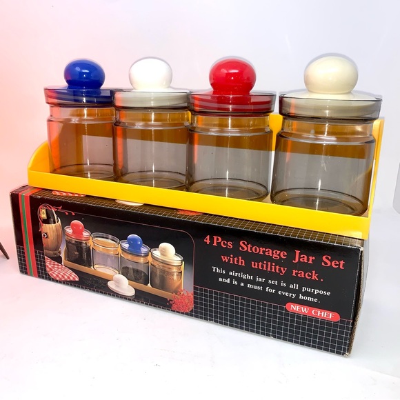 v i n t a g e :: Bright Midcentury 4 Jar Set Shelf Storage Apothecary Kitchen - Picture 3 of 14